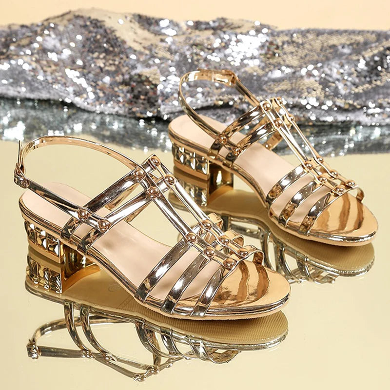 Glittering Golden Chunky Heel Sandals Women Summer Plus Size 35-43 Back Strap Sandles Woman Open Toe Ankle Buckle Party Shoes