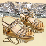 Glittering Golden Chunky Heel Sandals Women Summer Plus Size 35-43 Back Strap Sandles Woman Open Toe Ankle Buckle Party Shoes