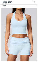 2PCS Yoga Set Women V-neck Cross Neck Shock-absorbing Sports Vest Workout Pleate Flip High Waist Shorts Gym Runing Fitness Suits