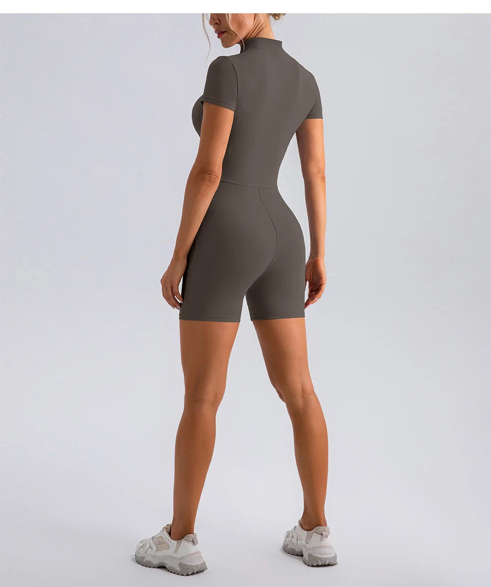 Yoga Jumpsuit Fashion Zipper Dance Short Playsuit Women Romper Short Sleeve Gym Fitness Overalls One Piece Sports Suit Unitard