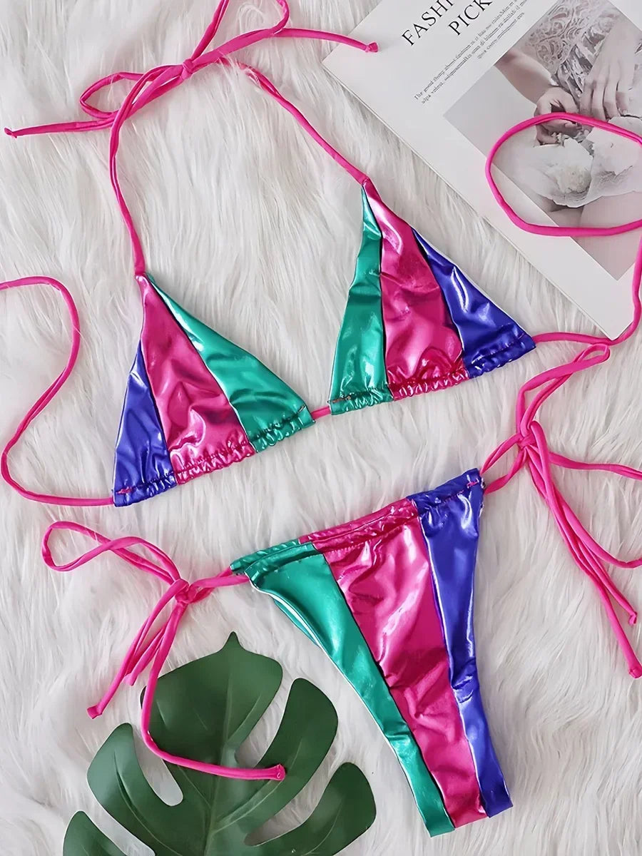 Splicing Leopard Mini Micro String Bikini Women Swimwear Female Swimsuit Two Pieces Bikini Set Halter Bather Bathing Suit Swim