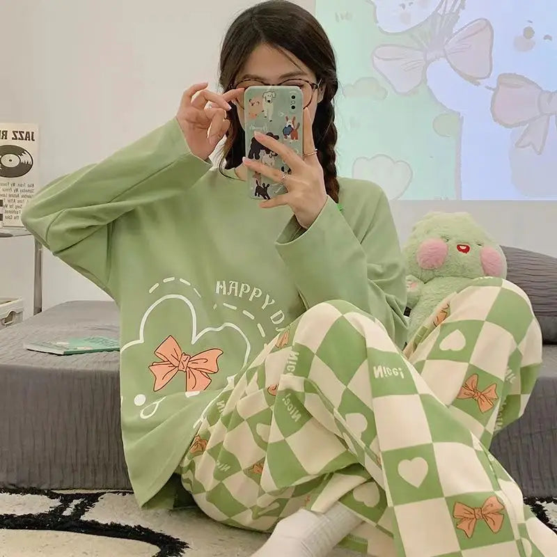 New Women's Spring and Autumn Fashion Cartoon Casual Pajamas, Thin Winter Homewear, Plus-Size Simple and Loose Teenage Pajama Se