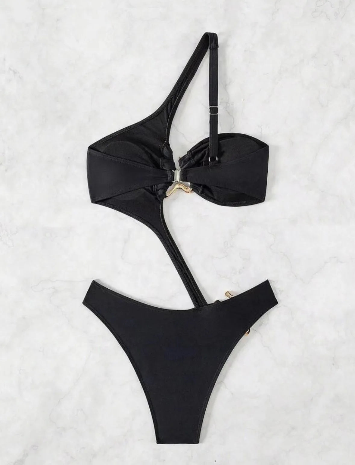 2026 Women's Sexy Black Cut-Out Bikini One Shoulder Metal Designer Backless Thong One-Piece Swimsuit Summer Swimsuit бикини