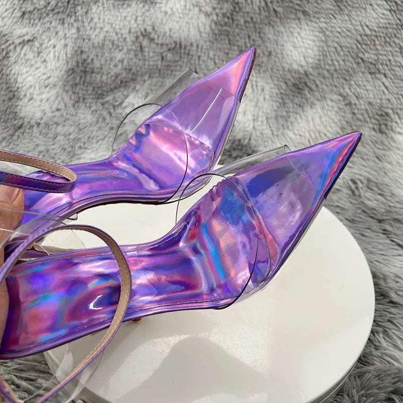 Laser Purple Women Sexy Summer Sandals PVC Pointed Toe Shoes 2023 Newest Slingback Shoes Thin Heels Party Ankle Buckle Ladies