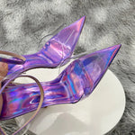 Laser Purple Women Sexy Summer Sandals PVC Pointed Toe Shoes 2023 Newest Slingback Shoes Thin Heels Party Ankle Buckle Ladies