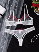 White romantic rose embroidery lace lingerie set - Large size sexy transparent netting gathering bra set ZA825026
