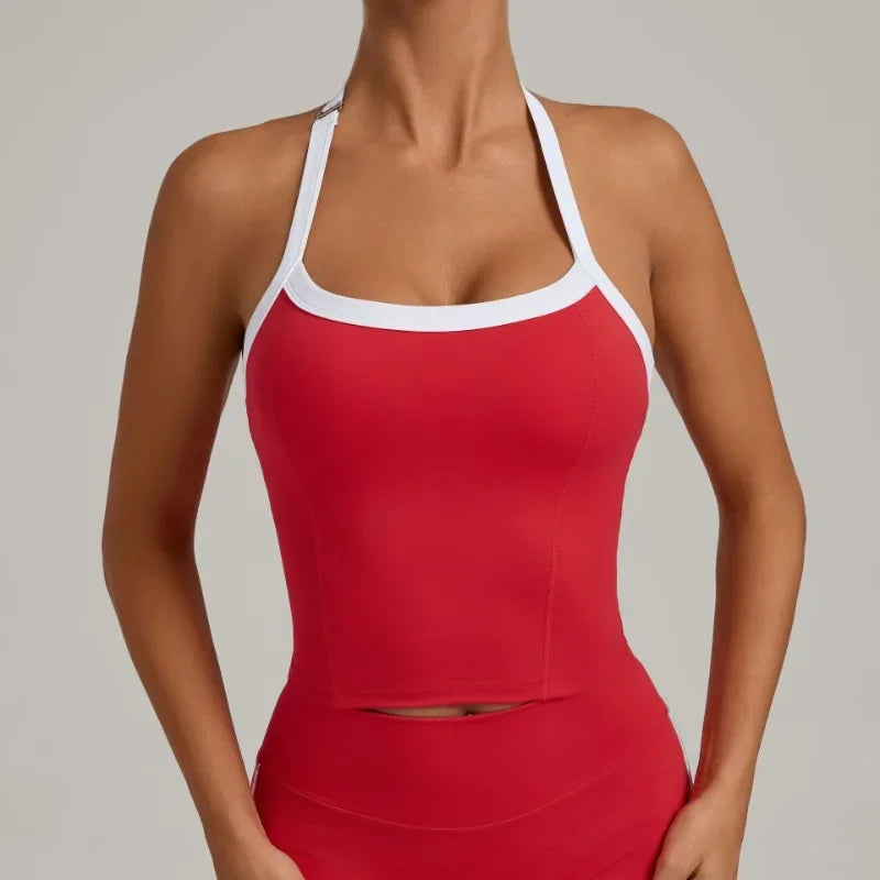Women's Seamless Yoga Tank Top - Adjustable HALTER Neck & Quick-Dry Fitness Shirt Color Block Running Sports Gym Workout Top