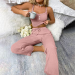 Women Sleepwear Lace Suspenders Tops and Long Trousers Set Two Pieces Pajamas Set Comfortable Loungewear Home Clothes