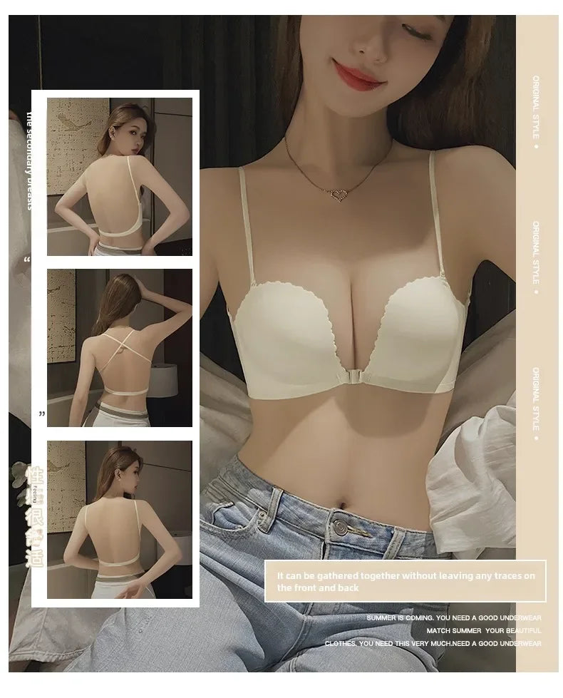 Front Button Underwear Women's Small Chest Pull Up To Show Large Summer Thin Collection Breast Anti-sag White Thin Strap Bra