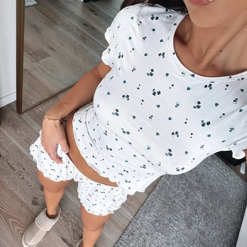 New Print Pajama Two-Piece Set Women's Round Neck T-Shirt Shorts Ruffles Slimming High Elasticity Casual Home Wear Hot Selling