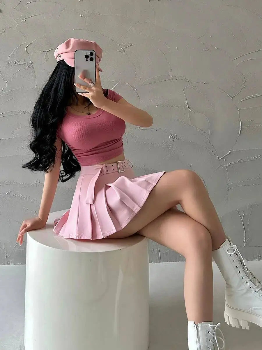 WOMENGAGA Summer Skorts High-quality Sexy A-LINE Safety Skirts Pleated Skirt Half Length Short Skirt Belt Fashion Women E4H4