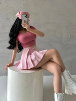 WOMENGAGA Summer Skorts High-quality Sexy A-LINE Safety Skirts Pleated Skirt Half Length Short Skirt Belt Fashion Women E4H4