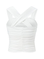 Women Square Neck White Tank Tops Ruched Design Sleeveless Solid Color Slim Fit Crop Tops Summer Vest Shirts