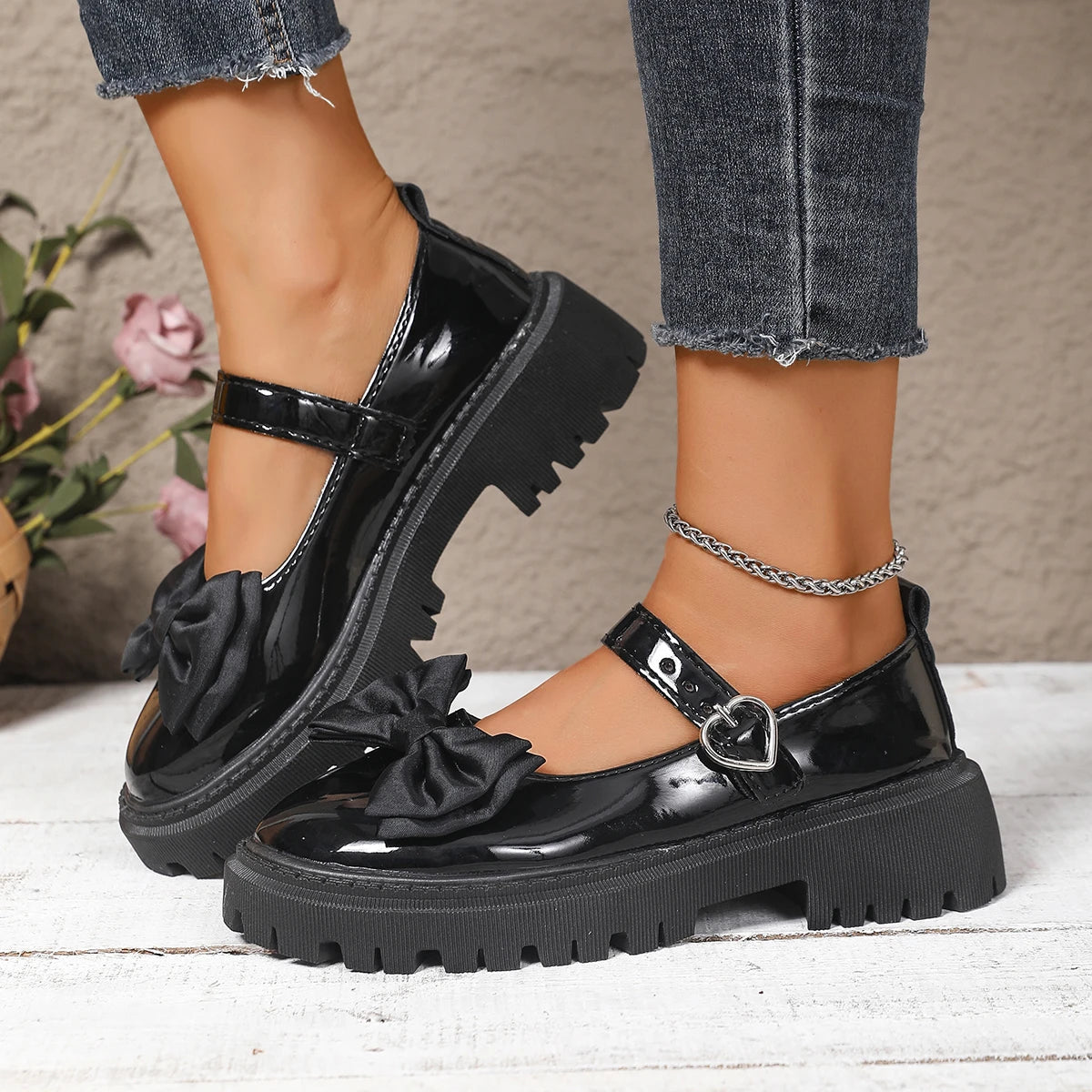 Women Bow Mary Janes Faux Patent Leather Heart‑Buckle Lug‑Sole Round‑Toe Sweet Preppy JK Platform Casual Daily Shoes