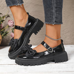 Women Bow Mary Janes Faux Patent Leather Heart‑Buckle Lug‑Sole Round‑Toe Sweet Preppy JK Platform Casual Daily Shoes