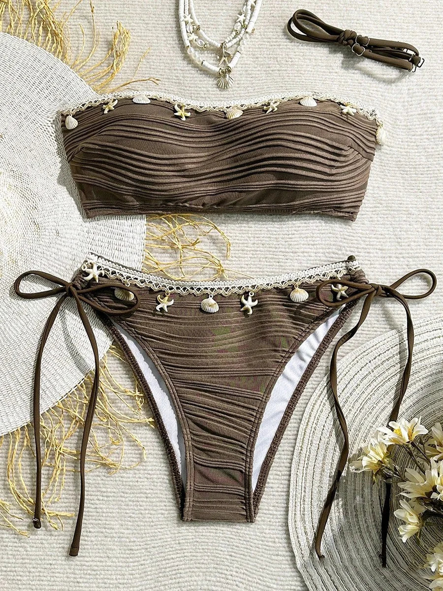 XS - XL Wrinkled Shells Bandeau Bikini Women Swimwear Female Swimsuit Two-pieces Bikini Set Bather Bathing Suit Swim Beachwear