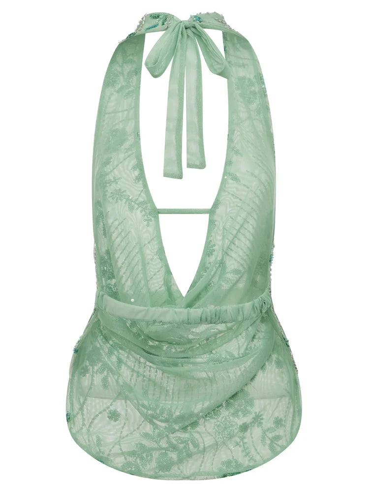 Women Flower Sequins Halter Vest Sleeveless Backless Deep V Neck Camisole Vintage Sexy Tank Top Streetwear