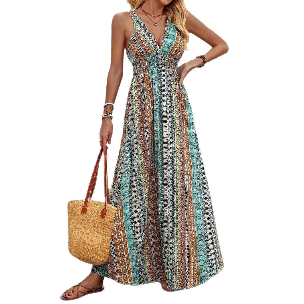 Bohemian Style Print Sleeveless Long Dresses Women Summer V-neck Backless Leace-up Slit Dress Casual Lady Vacation Vestidos