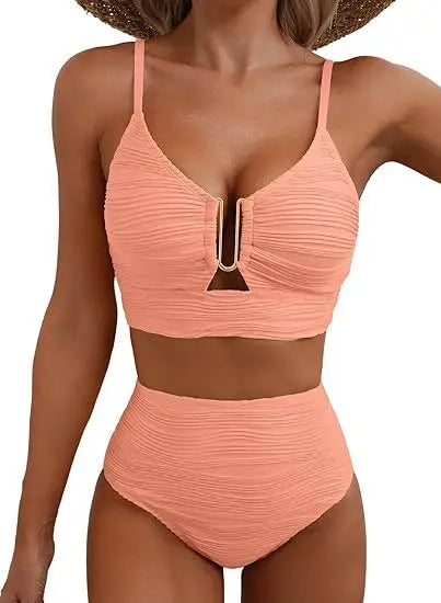 Women's New Swimsuit Bikini Set Fashion Sexy V-neck Hollow Swimsuit High Waist Textured Ruffled Swimsuit Women's Bikini Women
