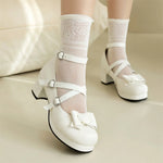 Plus Size 48 Women's Sweet Lolita Mary Jane Heels Pumps Heart Buckle Cross Ankle Strap Bow Platform 5.5cm Block Heel Goth Shoes