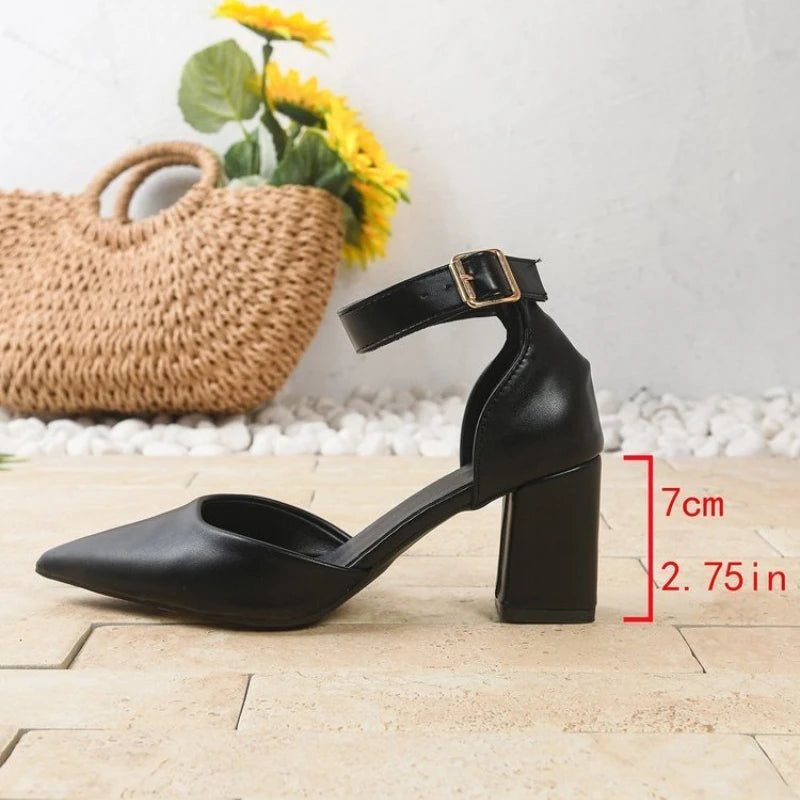 Women's Shoes Women's Fashion Pointed Toe Shallow Mouth Wrapped Head One Buckle Strap Block Heel Sandals