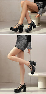 Plus Size Women Red Patent Leather Platform Mary Jane Shoes 3 Rhinestone Buckle Straps Chunky BlockY2K Lolita Party Pumps