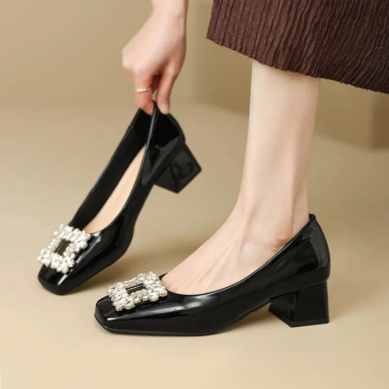 Shallow Mouth Square Toe Rhinestone Square Buckle Single Shoes Women's New Professional Patent Leather Kitten Heel Shoes