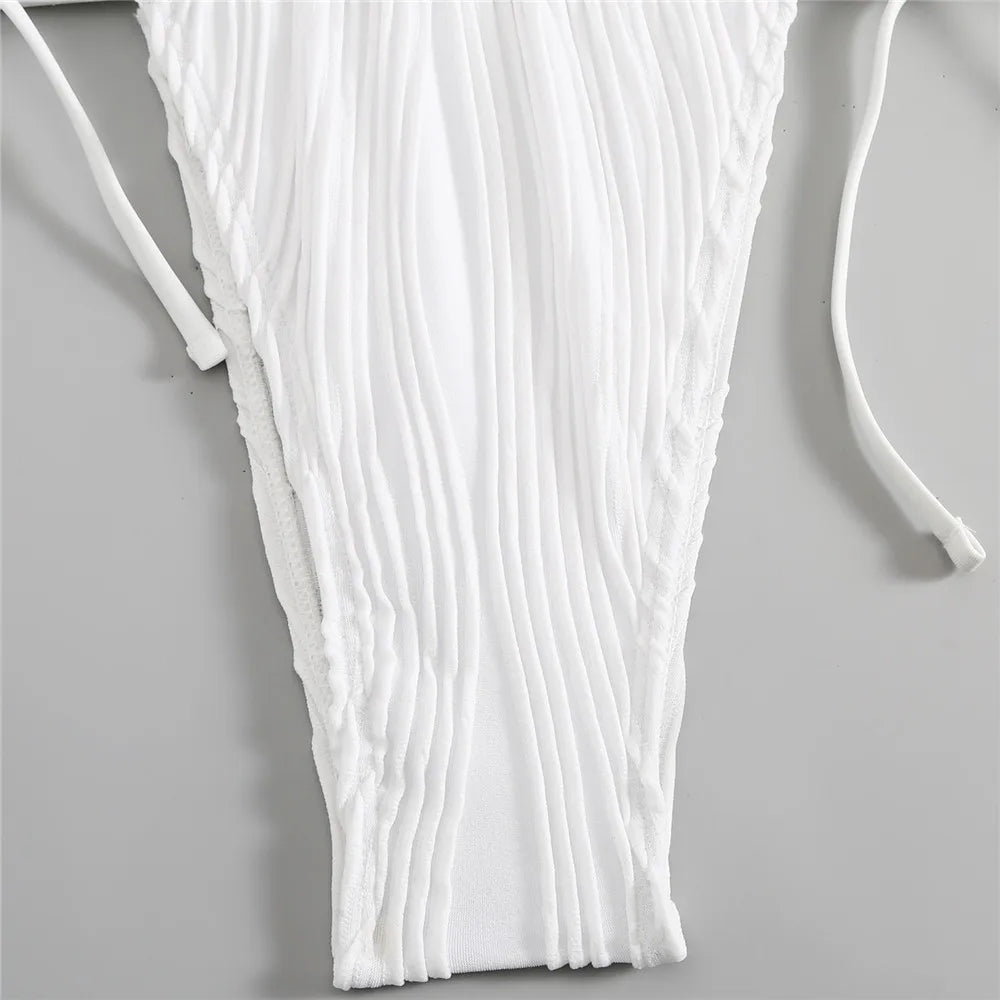 Sexy Backless One Piece Swimsuit Woman 2026 String Texture Swimwear Hollow Out Monokini High Cut Bathing Suit Deep V Neck Bather