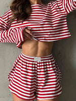Summer Striped Pajamas Set for Women's Long Sleeve Top and Shorts 2 Piece Sleepwear Set Casual Home Wear Loungewear