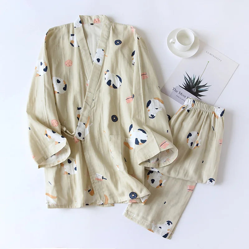 New Japanese-style Kimono Two-piece Couple Pajamas Cover Men and Women Pure Cotton Gauze Cute Kitten Thin Home Service Plus Size
