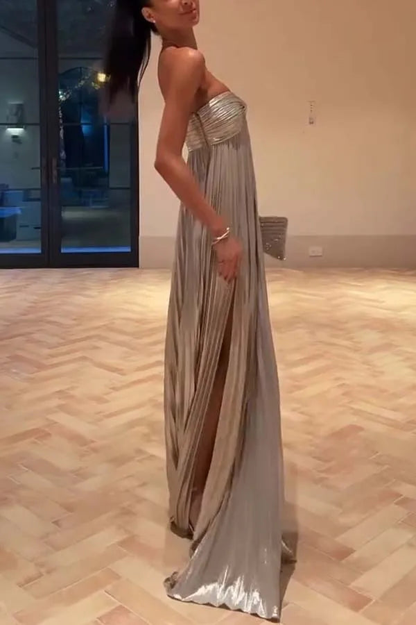Gold Hot Tube Top Party Dresses Women Solid Color Sexy Hot Girls Fold Banquet Slit Evening Dress Female Streetwear Long Vestidos