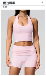 2PCS Yoga Set Women V-neck Cross Neck Shock-absorbing Sports Vest Workout Pleate Flip High Waist Shorts Gym Runing Fitness Suits