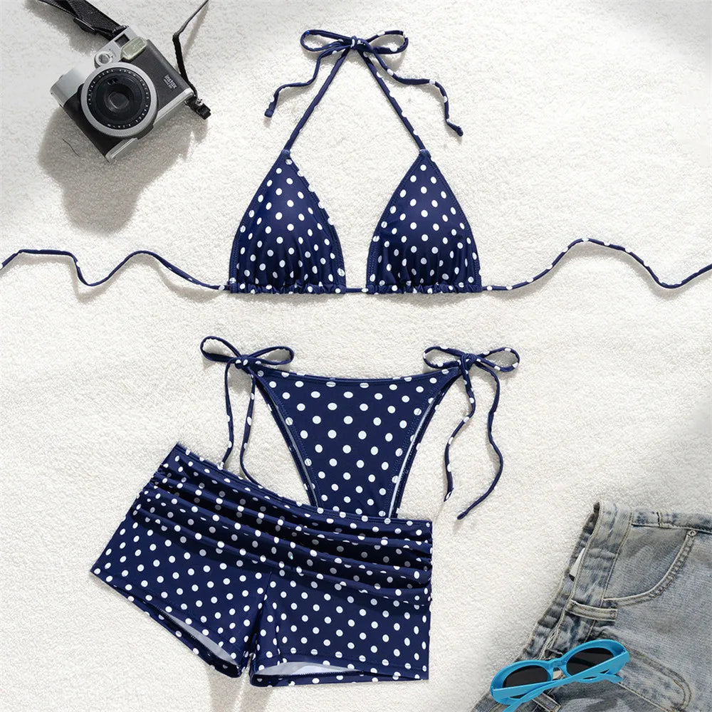 White Dot Print Micro Thong 3 Piece Bikinis Sets Bottoms Shorts Swimwear Sexy Swimsuit Woman 2026 Halter String Triangle Bikini