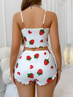 Summer Strawberry Print 2PCS Pajama Set Women's Casual Sleepwear Suspender Crop Tops and Shorts Comfortable Home Wear
