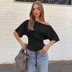 FDYOUI Sexy Short Sleeve Lace-up T-shirts Women 2026 Summer Diagonal Collar Corset Tops Streetwear Y2K Female Bandage T Shirt