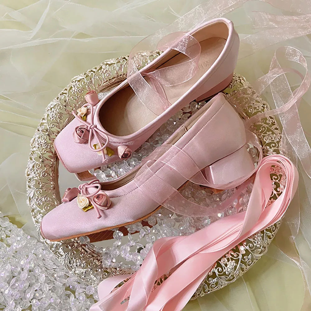 2025 Summer Cute Square Toe Ballet Flats Shoes Women with Riband Sweet Satin Slip On Comfortable sole Office Lady Daily Shoes