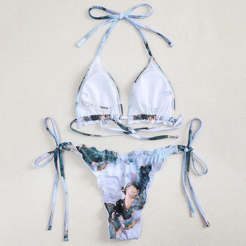 2026 Ribbed Ruffled Frilled Brazilian Bikini Women Swimsuit Female Swimwear Two Pieces Bikini Set Halter Bathing Suit Swim Lady