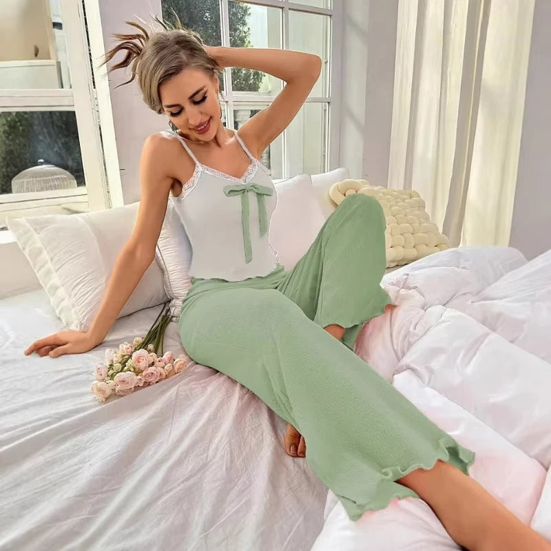 New Women's Pajama Set Sweet Lace Strap Home Clothes Two Piece Set Fashionable Casual Comfortable Loose Wide Leg Pants Popular