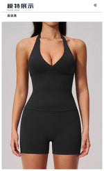New Seamless Yoga Thread Set Women Hanging Neck V Neck Slim Sports Tank Top Hip Lifting Abdominal Tightening Shorts Fitness Suit