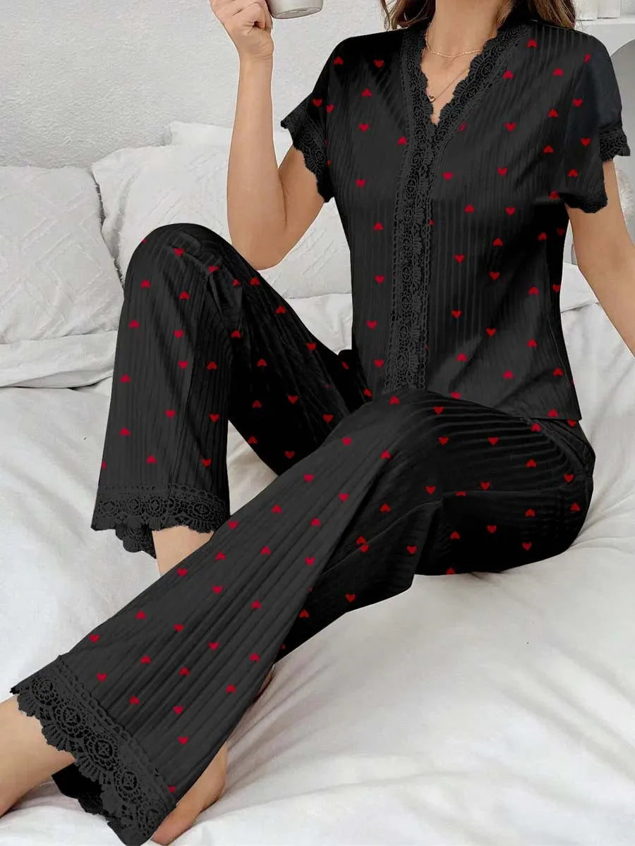Women Sleepwear Black Lace Trim Cherry Print 2 Piece Pajamas Set Short Sleeve Top & Full-Length Pants Homewear
