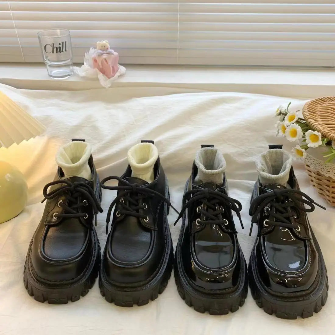 Women's Lace‑Up Platform Oxford Shoes, Chunky Thick Sole Height Increase Black Preppy Casual School Shoes