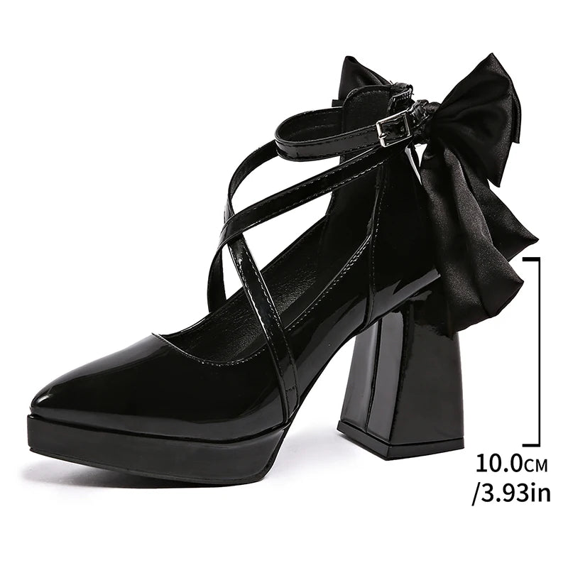 Punk Pointed Toe Thick Heels Mary Jane Shoes Women Bowknot Decor Cross Strap Platform Pumps Woman Patent Leather Party Shoes