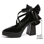 Punk Pointed Toe Thick Heels Mary Jane Shoes Women Bowknot Decor Cross Strap Platform Pumps Woman Patent Leather Party Shoes