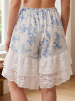 Women's Floral Lace Hem Shorts Drawstring Elastic Waist Wide Leg Knee Length Shorts Daily Loose Casual Lounge Street Mid Pants