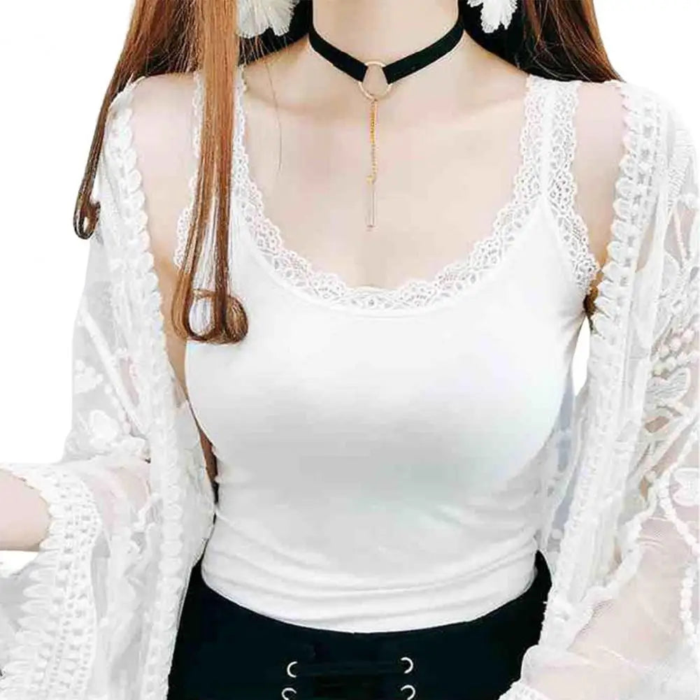 Women Summer Vest U-Neck Sleeveless Slim Fit Tank Tops Thin Vest Solid Color Lace Trimmed Camisole Streetwear