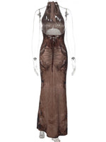 FDYOUI Women Vintage Halter Printed Long Party Club Dresses 2026 Summer Ladies Sexy Backless Lace-up Bodycon Evening Prom Dress