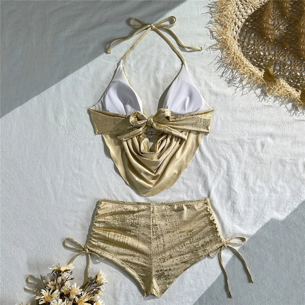Gold Shiny String Halter Sexy Bikini 2026 Woman Bottom Shorts Swimsuit Metal Ring Holiday Swimwears Bathing Suit Bikinis Sets