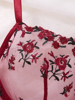 Romantic wine red rose embroidery lingerie set - see-through netting bra - casual erotic women's lingerie ZA824026