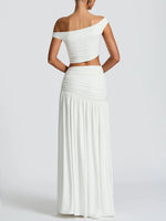 Summer Skirt Set Women Metal Flower Sexy Off Shoulder Slim Crop Top High Slit Skirt Sets Fashion Backless Pleated 2 Piece Suits