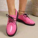 British Style Versatile Lace-Up Patent Leather Women's Single Shoes round Toe Flat Heel Summer Pure Color Adult Footwear